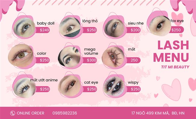 Bảng giá  menu nối mi tại Tit Mi